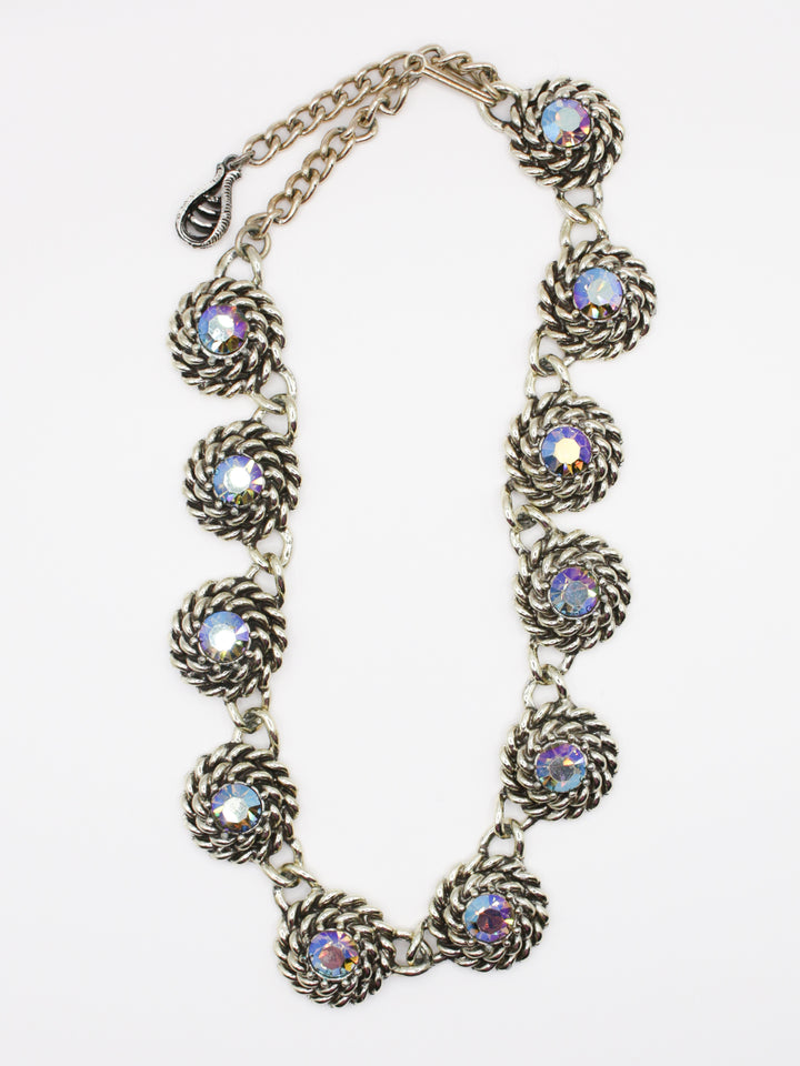 Vintage Silver Tone Rope Link Necklace With Aurora Borealis Crystals