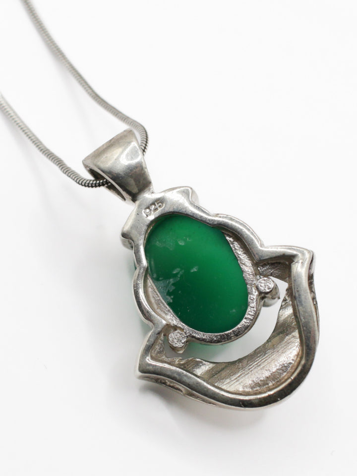 Vintage 80s Silver Green Cabochon Pendant Necklace