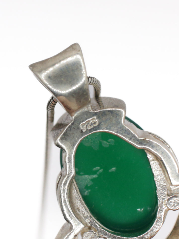 Vintage 80s Silver Green Cabochon Pendant Necklace