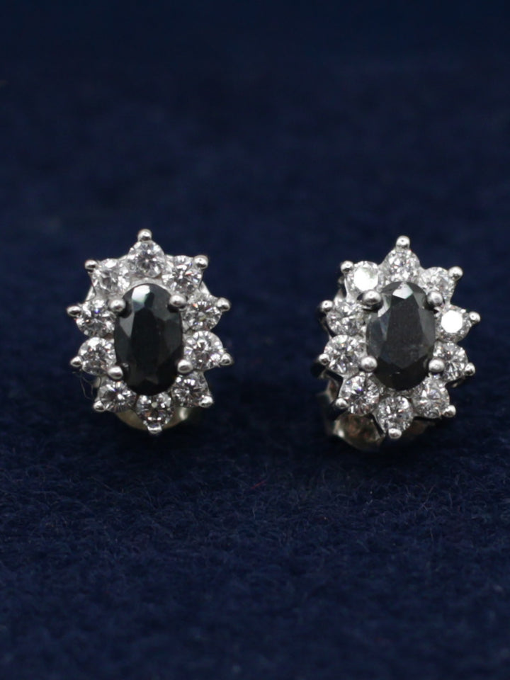 Vintage Silver Black Cubic Zirconia Halo Stud Earrings
