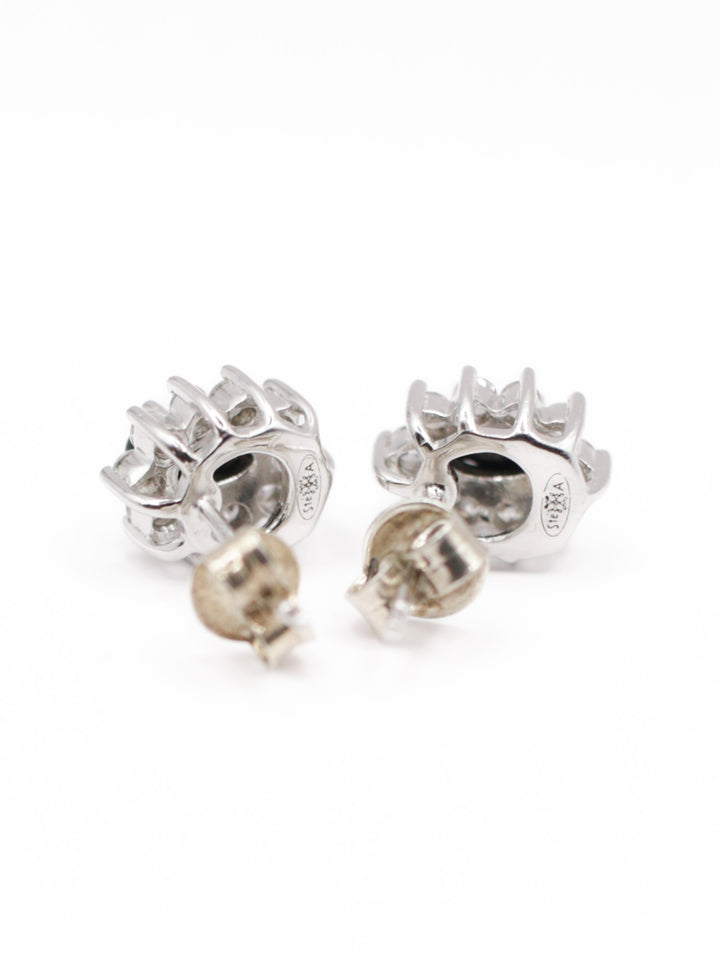 Vintage Silver Black Cubic Zirconia Halo Stud Earrings