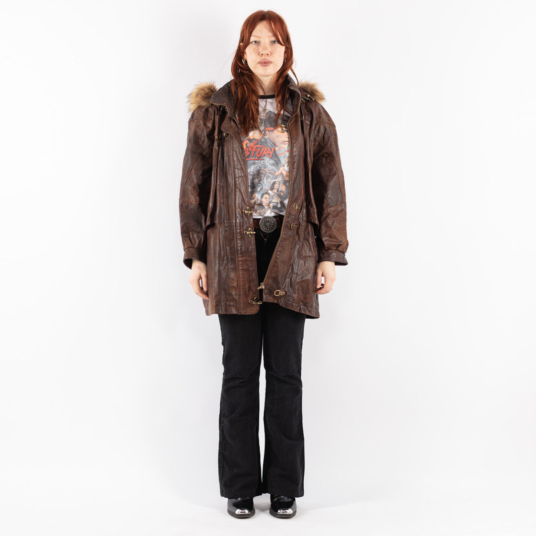 Vintage 90's Women Leather Coat in Brown