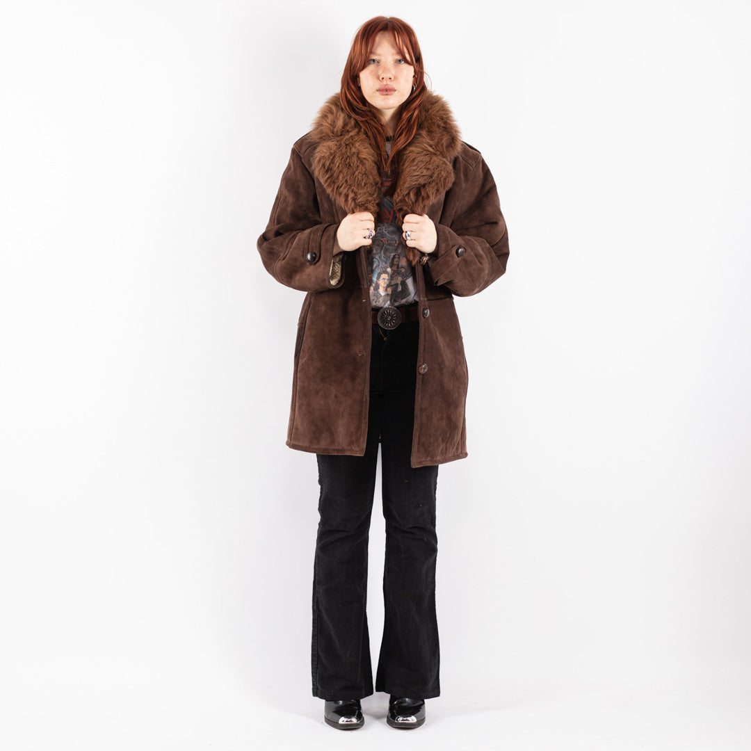 Vintage 70's Women Sheepskin Shearling Coat in Brown