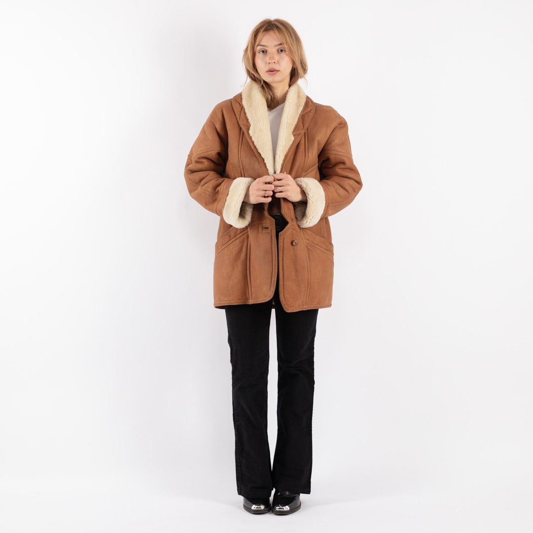 Vintage 80's Women Sheepskin Shearling Coat in Brown