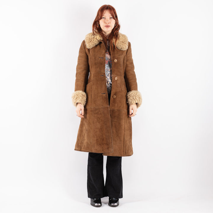 Vintage 70's Women Sheepskin Shearling Coat in Brown