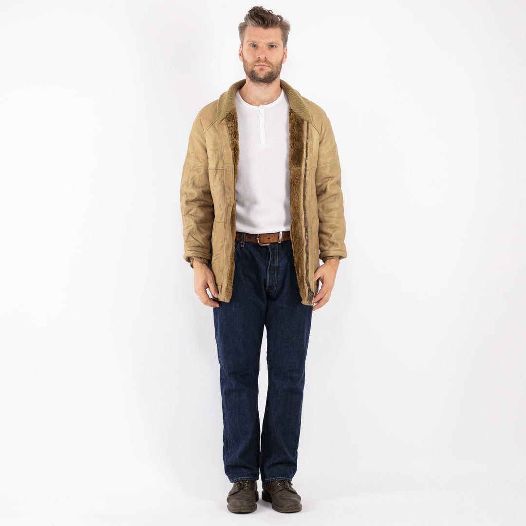 Vintage 80's Men Sheepskin Coat in Beige - NorthernGrip