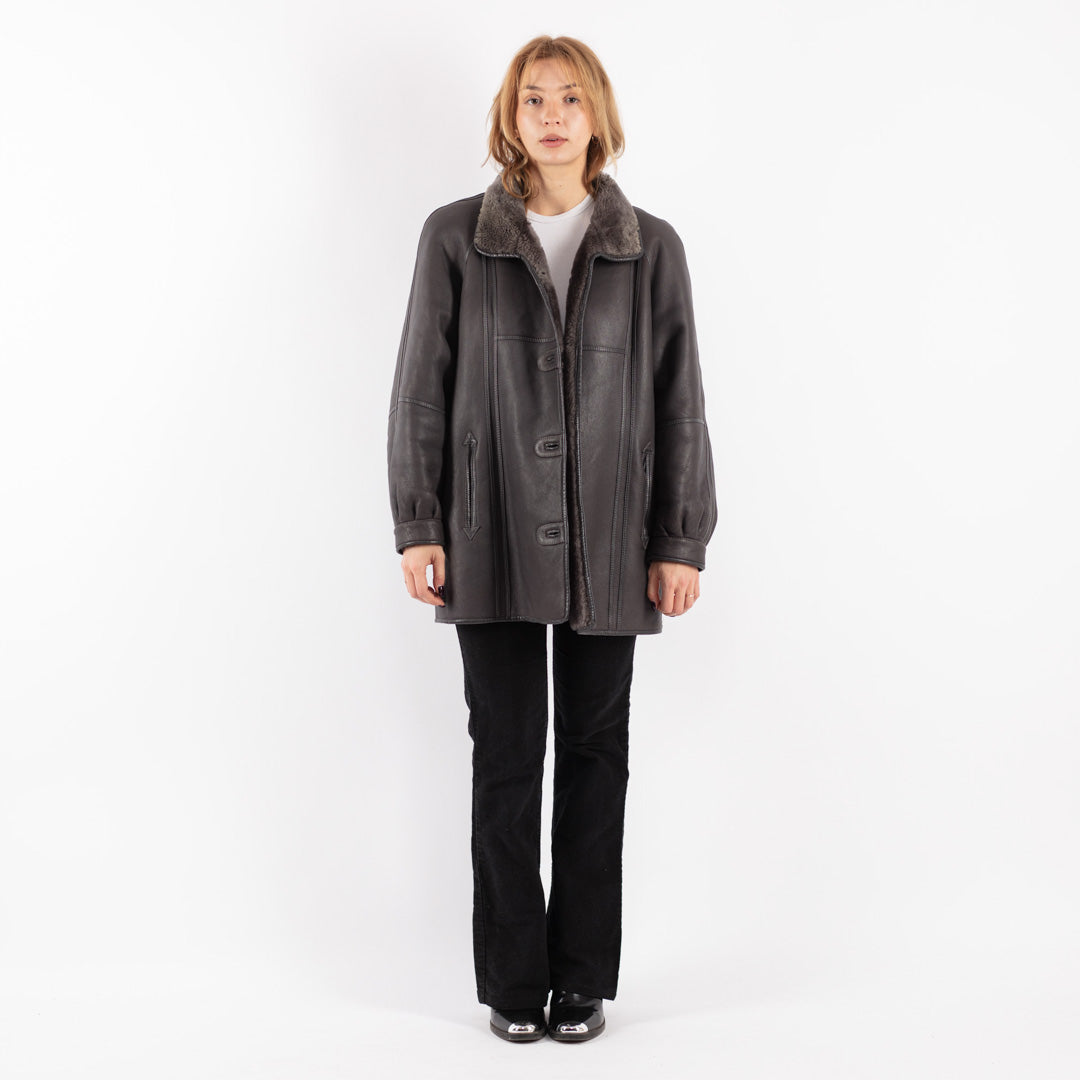 Vintage 80's Women Sheepskin Shearling Coat in Gray