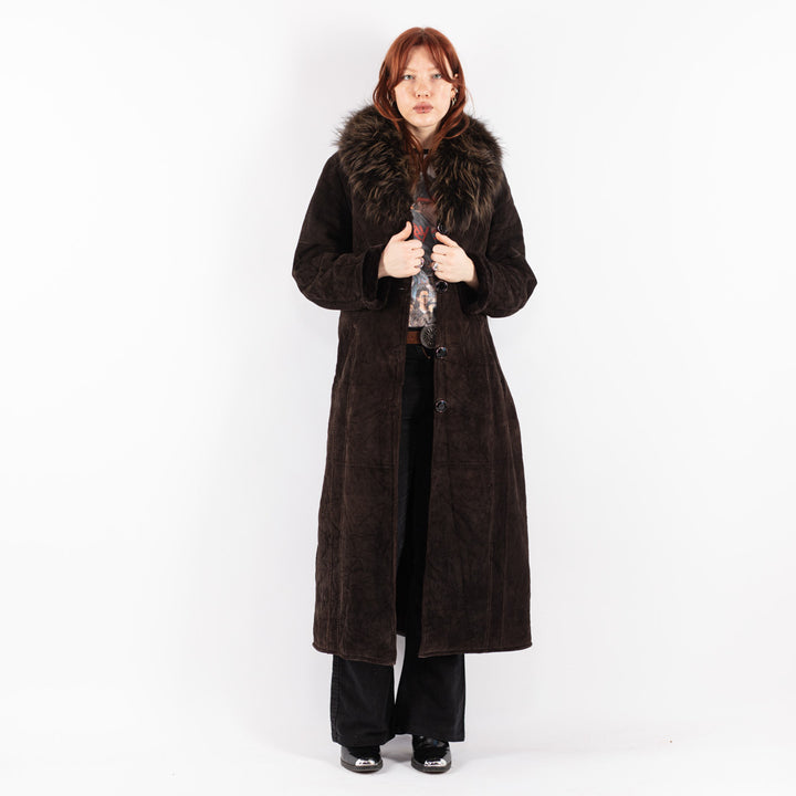 Vintage 90's Women Faux Sheepskin Coat in Brown