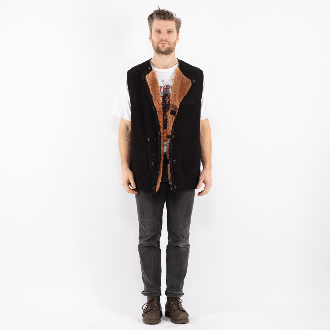 Vintage 70's Men Sheepskin Vest in Black - NorthernGrip