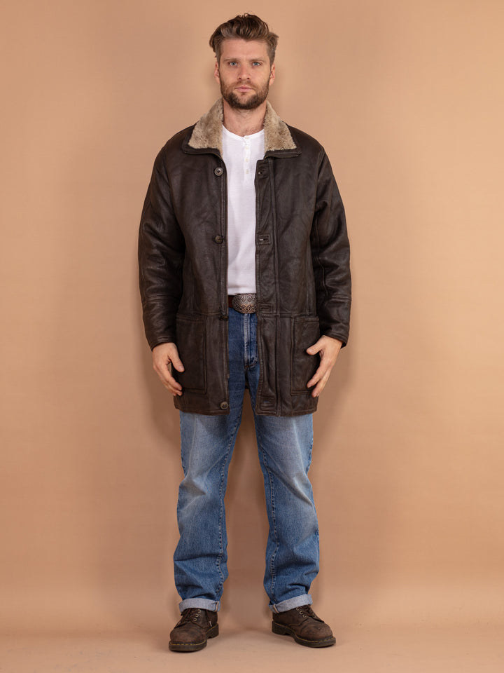 Vintage 80's Men Sheepskin Leather Coat in Brown - NorthernGrip