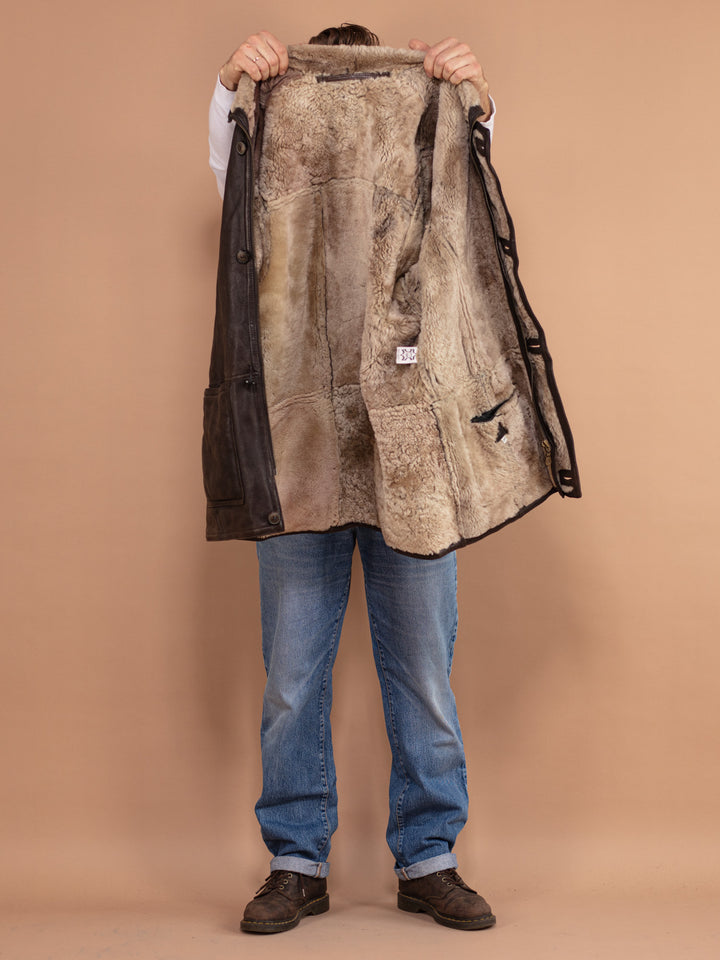 Vintage 80's Men Sheepskin Leather Coat in Brown - NorthernGrip
