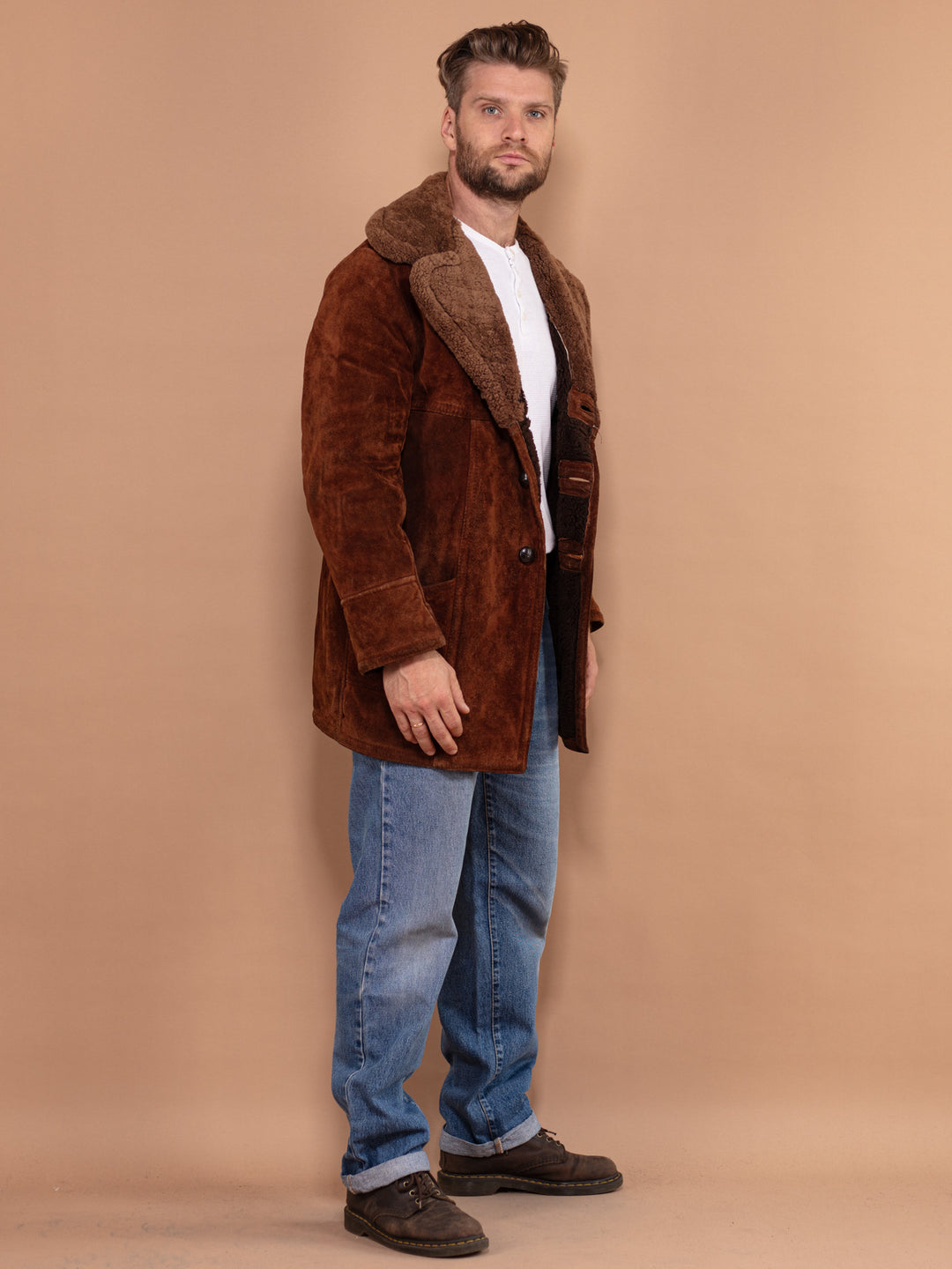 Vintage 70's Men Suede Sherpa Coat in Brown - NorthernGrip