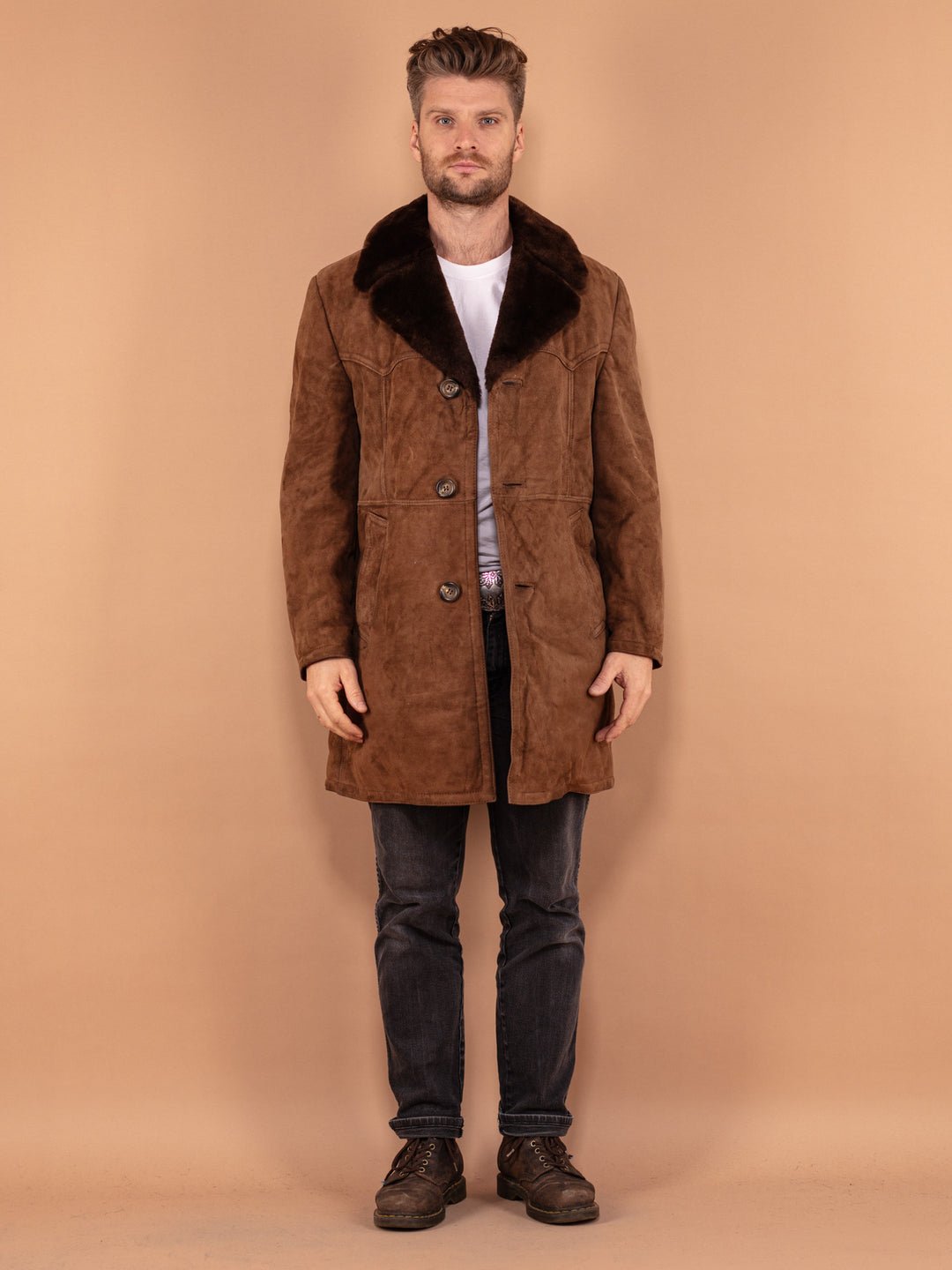 Vintage 70's Men Sheepskin Coat in Brown - NorthernGrip