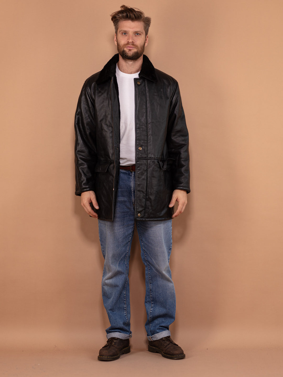 Vintage 90's Men Leather Sherpa Coat in Black - NorthernGrip