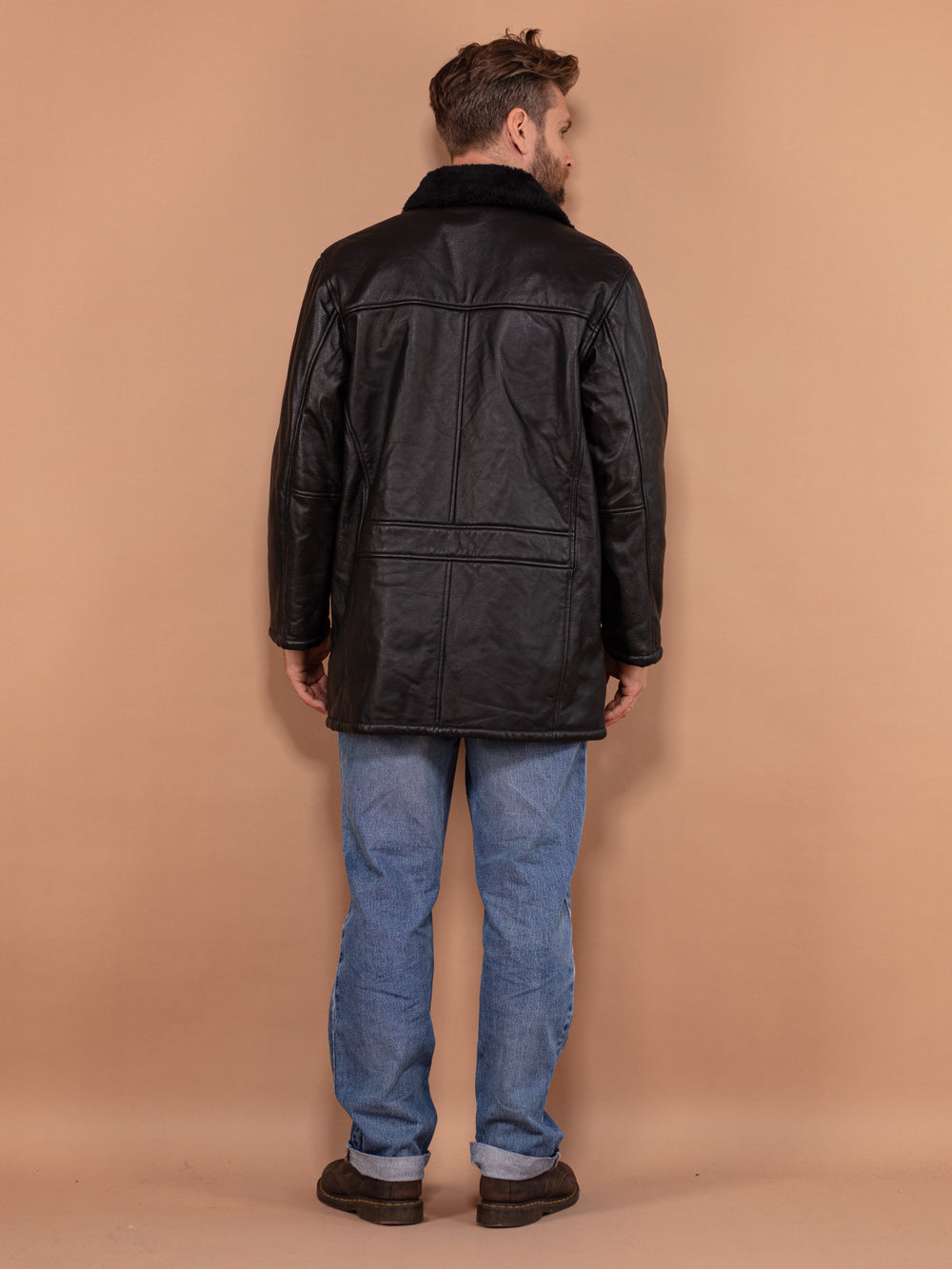 Vintage 90's Men Leather Sherpa Coat in Black - NorthernGrip