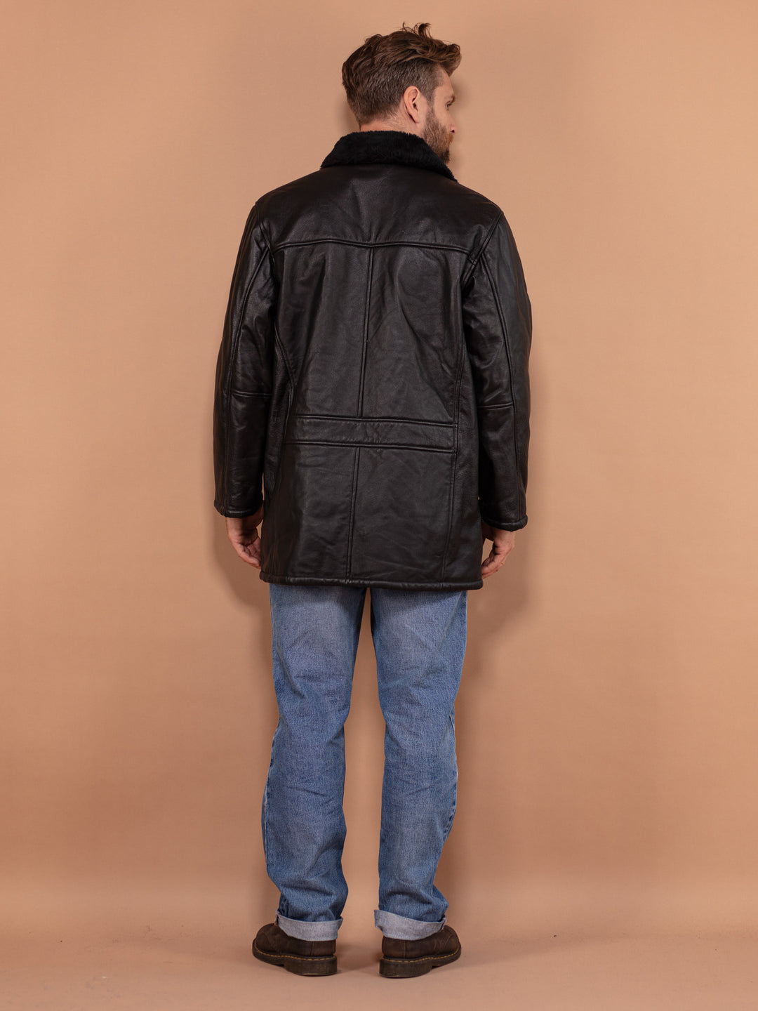 Vintage 90's Men Leather Sherpa Coat in Black - NorthernGrip
