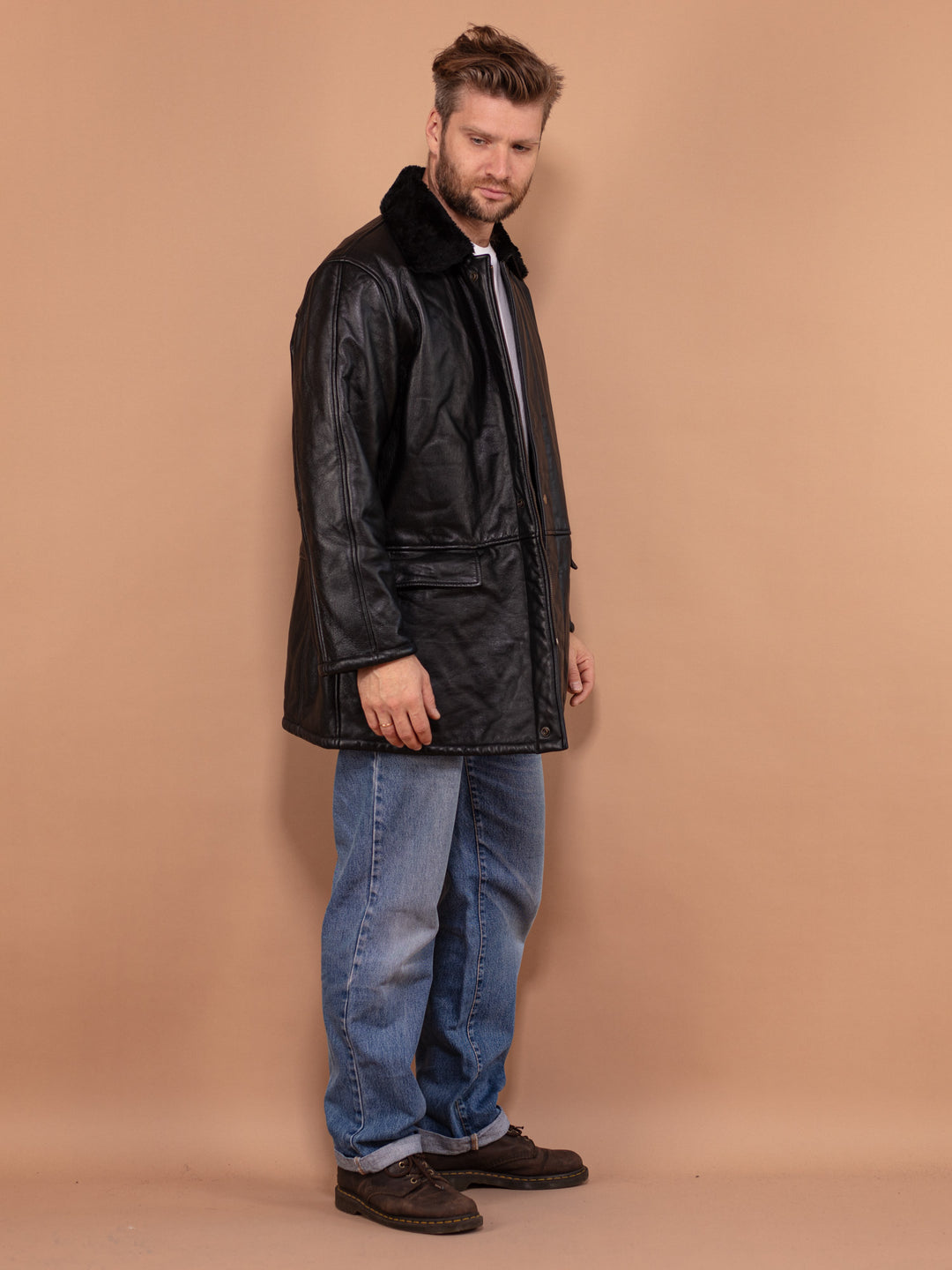Vintage 90's Men Leather Sherpa Coat in Black - NorthernGrip