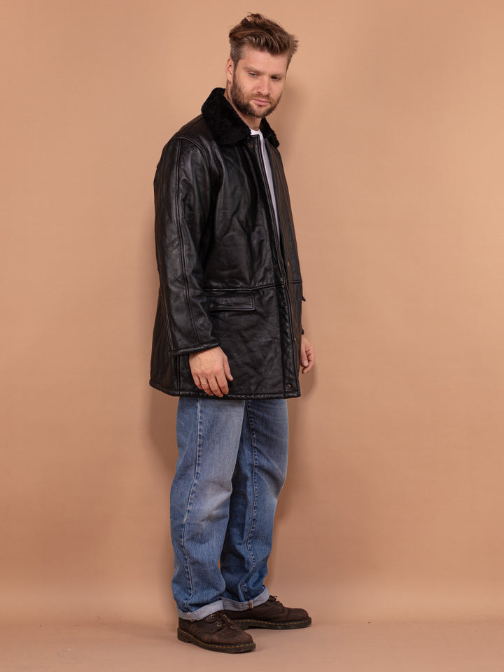 Vintage 90's Men Leather Sherpa Coat in Black - NorthernGrip