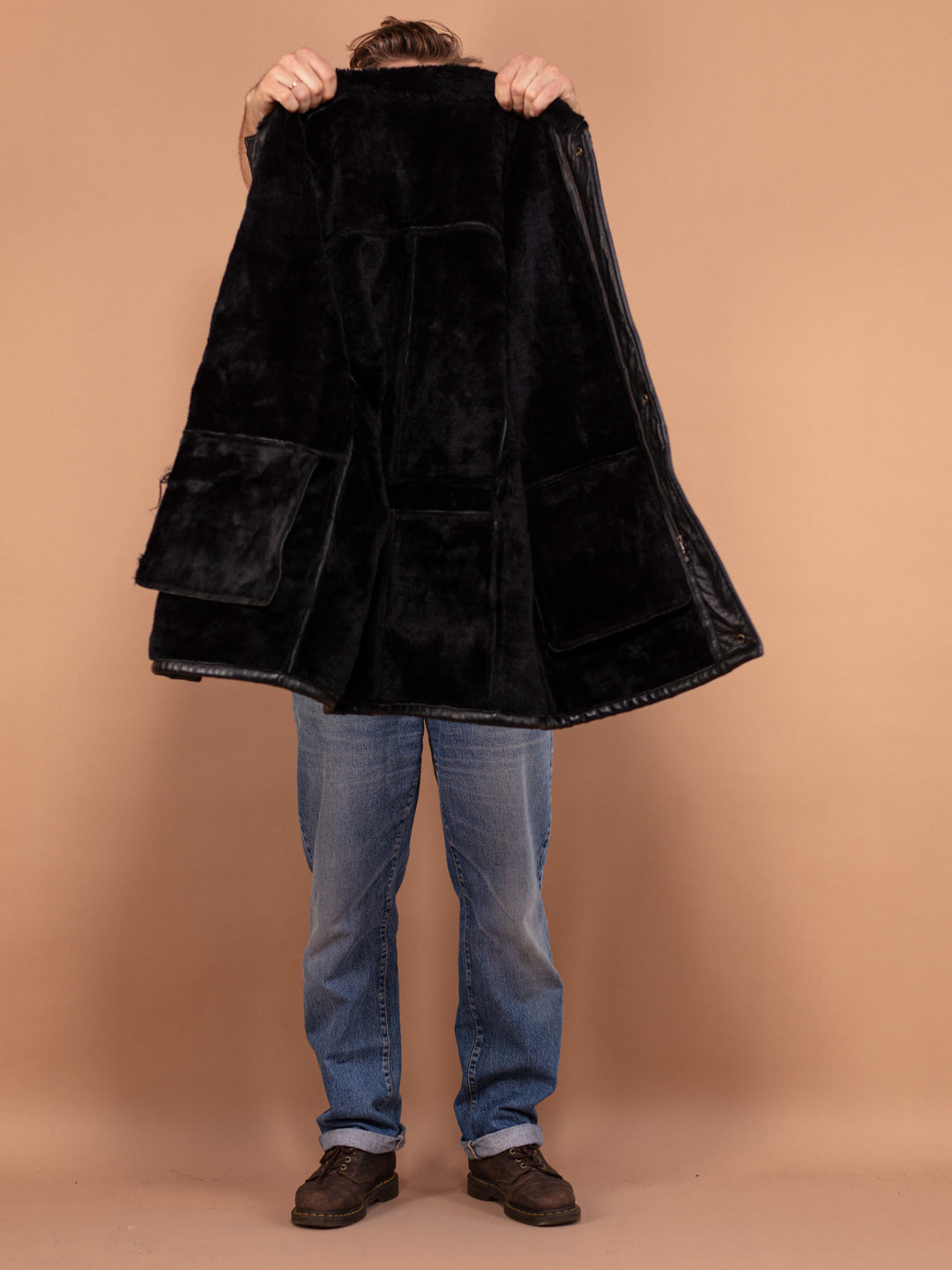 Vintage 90's Men Leather Sherpa Coat in Black - NorthernGrip