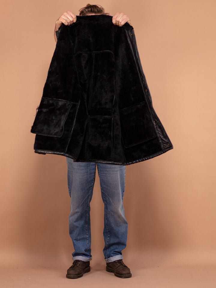 Vintage 90's Men Leather Sherpa Coat in Black - NorthernGrip