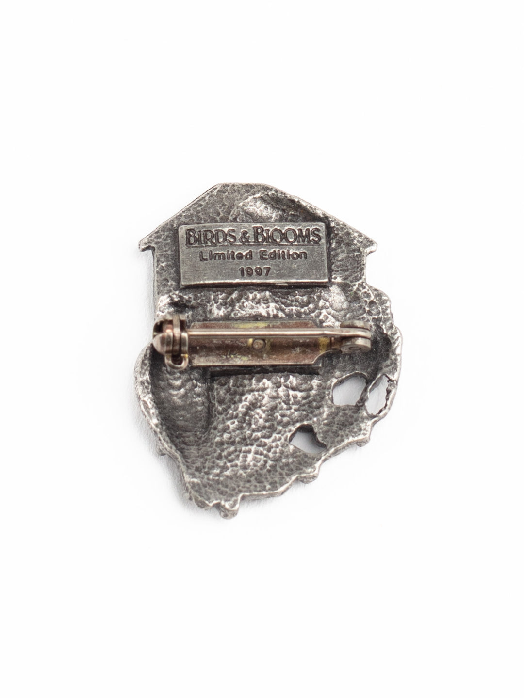 Vintage 90s Birds & Blooms Pewter Birdhouse Brooch with Sparrow and Floral Detail