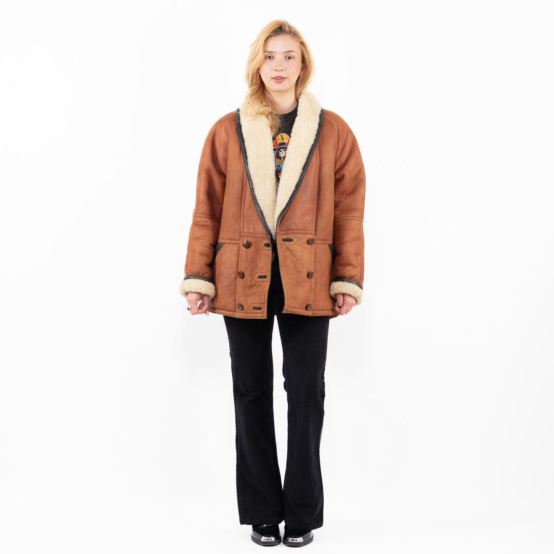 Vintage 80's Women Sheepskin Shearling Coat in BrownA0136