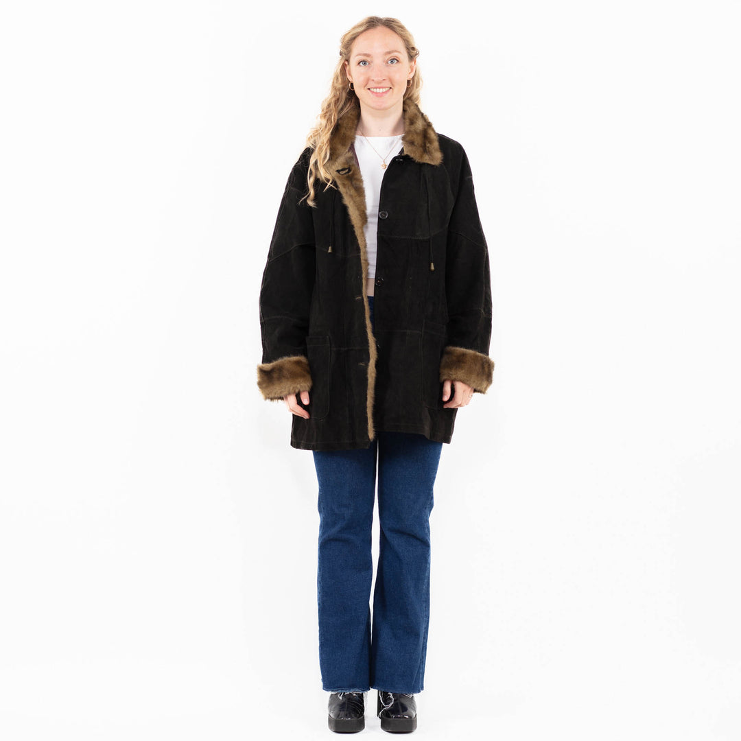Vintage 00's Women Suede Sherpa Coat in Black