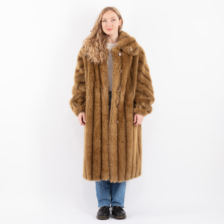 Vintage 70's Women Faux Sheepskin Coat in BrownV9436