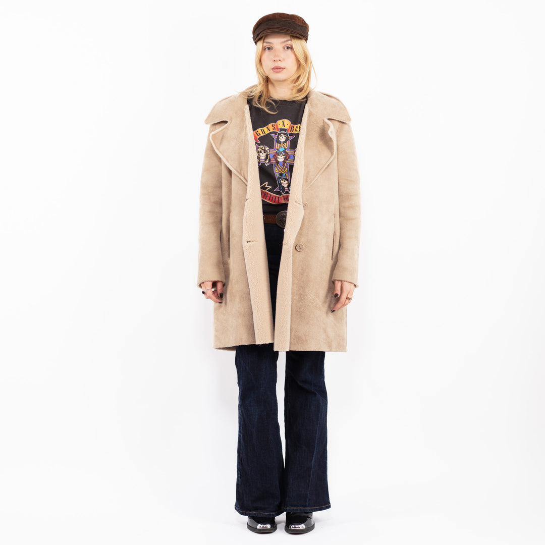 Vintage 90's Women Reversible Faux Sheepskin Coat in Beige