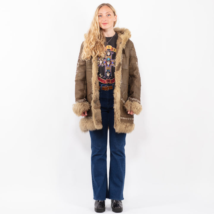 Vintage 70's Leather Sheepskin Shearling Coat Hooded Brown Leather