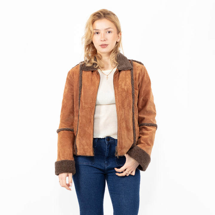 Vintage 90. gadu Penny Lane zamšādas šerpu jaka brūnā krāsā