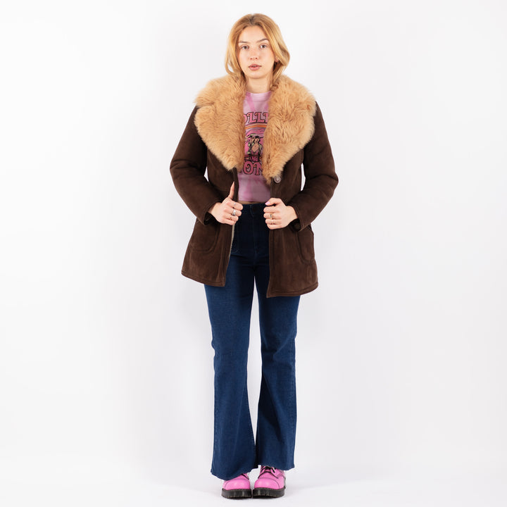 Vintage 70's Women Sheepskin Shearling Coat in BrownV9542