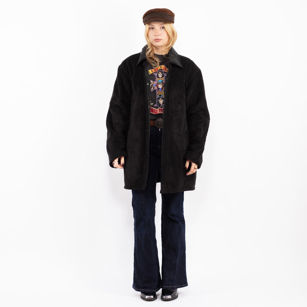 Vintage 90's Women Faux Sheepskin Coat in Black