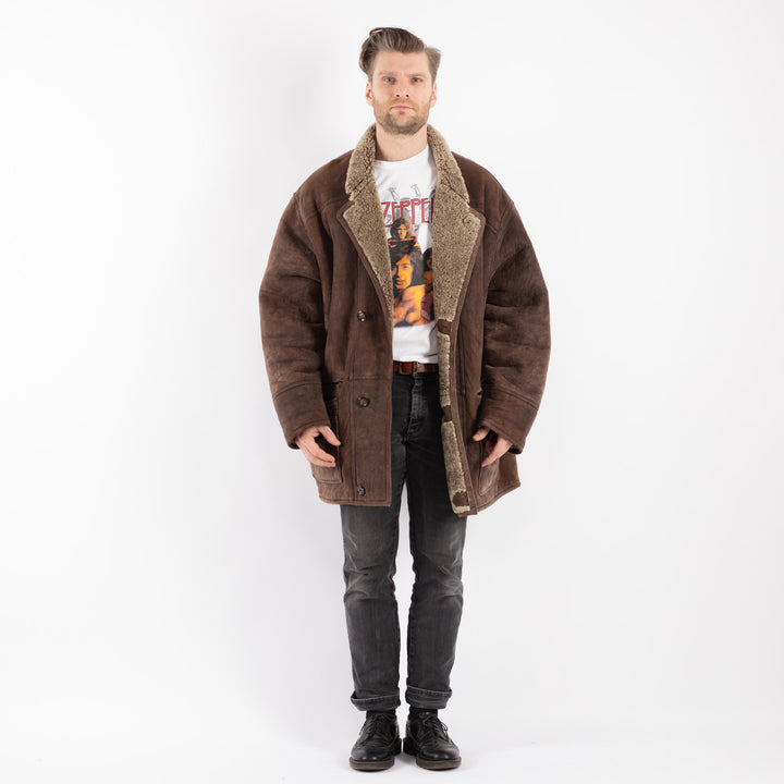 Vintage 80's Men Sheepskin Shearling Coat in Brown