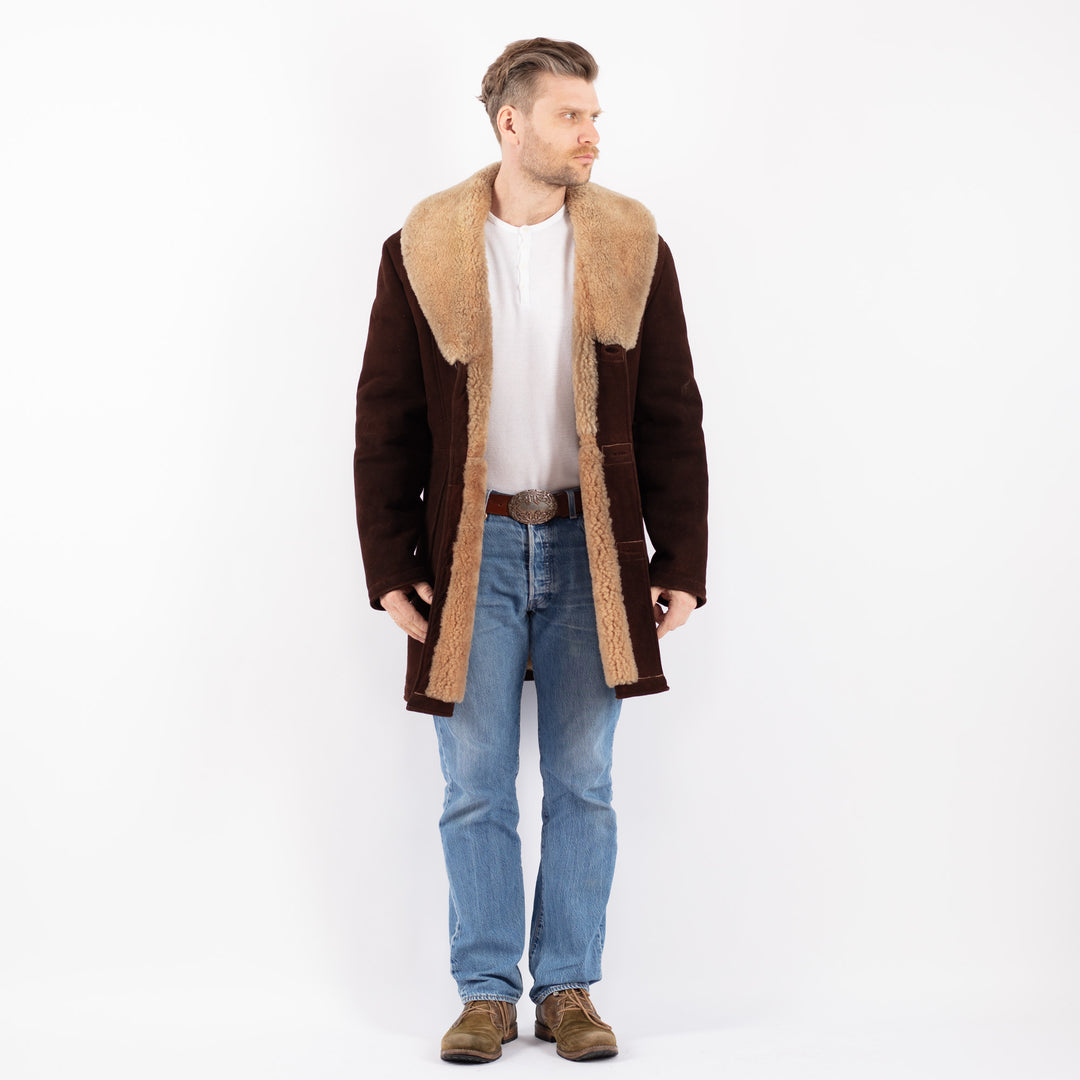 Vintage 70's Men Sheepskin Shearling Coat in BrownZ1405