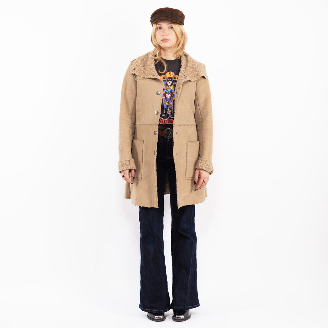 Vintage 00's Women Faux Sheepskin Coat in Beige