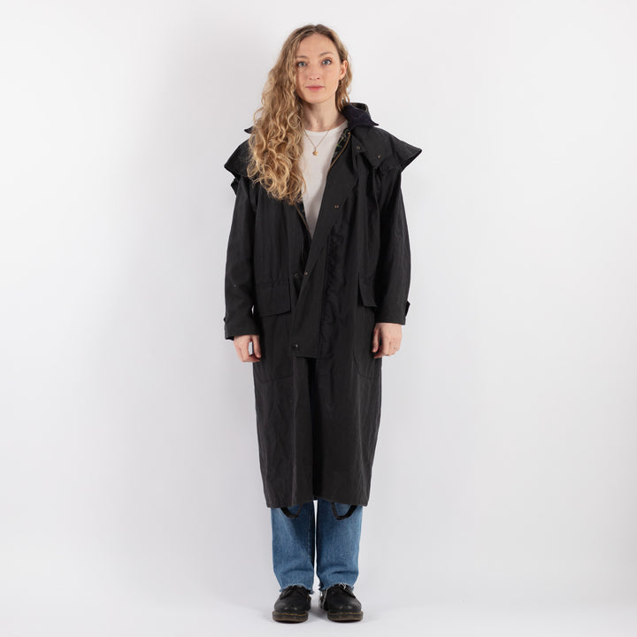 Vintage 90's Women Hooded Waxed Cotton Coat in Dark Blue - NorthernGrip