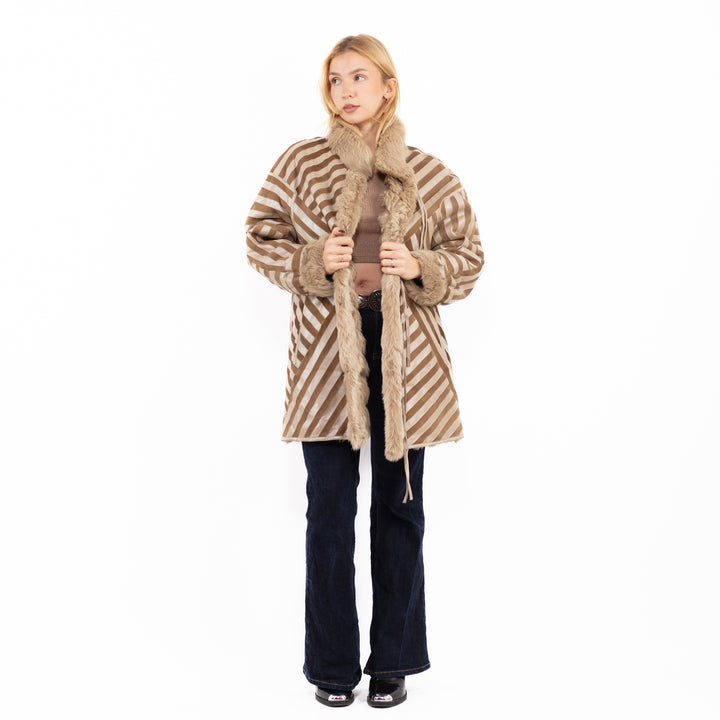 Vintāžas 80. gadu Penny Lane aitas ādas mētelis bēši brūnā krāsā