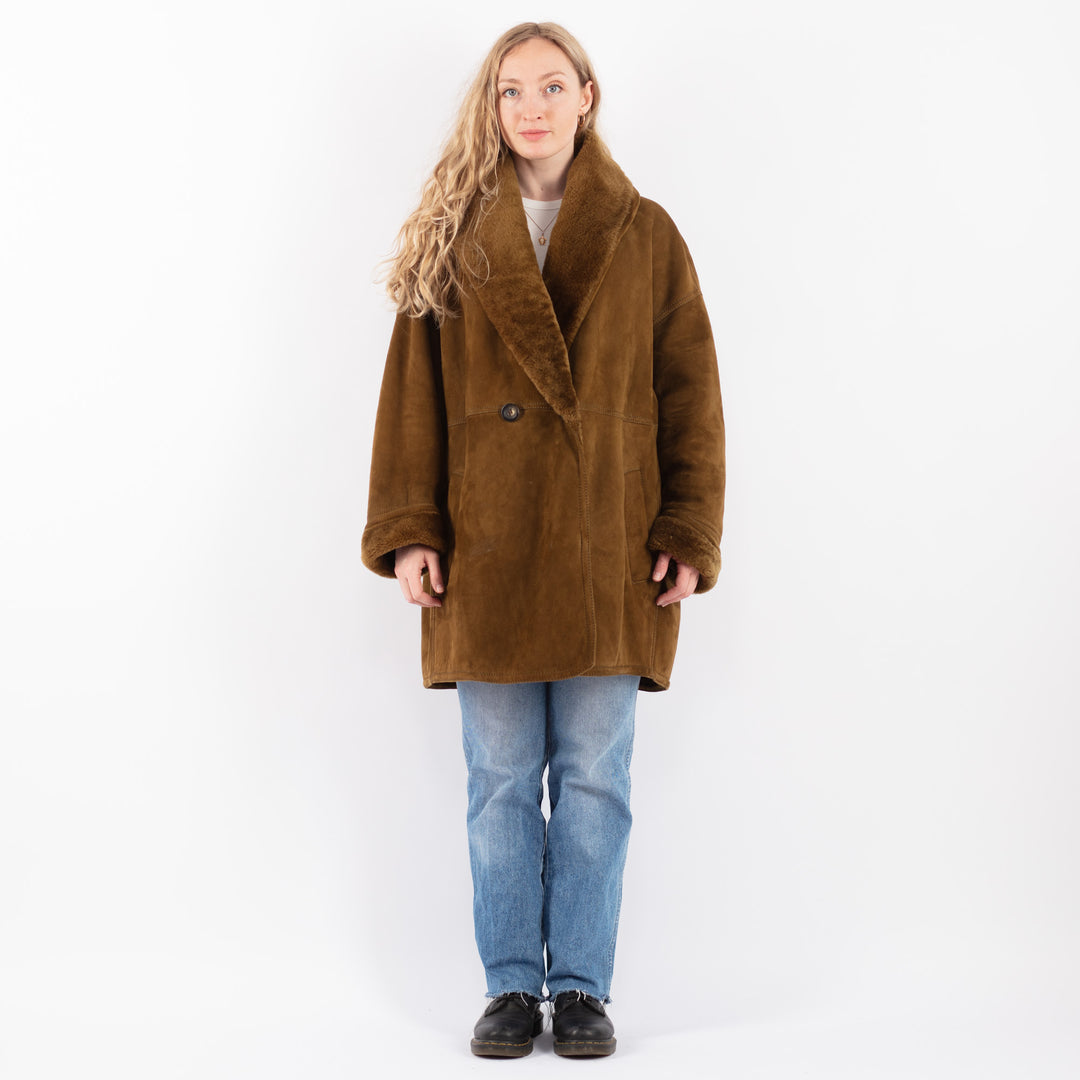 Vintage 80's Women Sheepskin Shearling Coat in BrownV9454