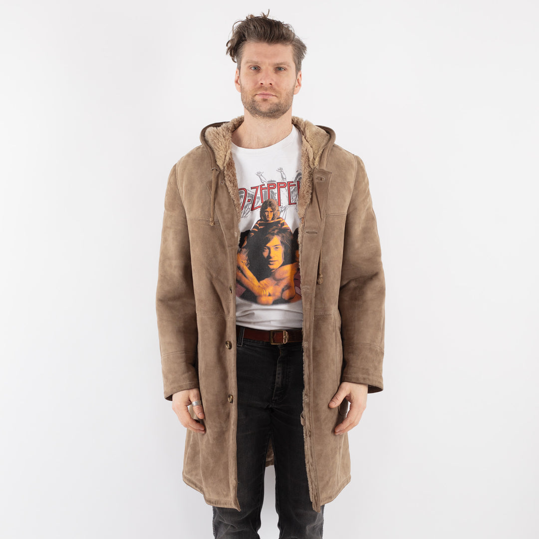 Vintage 70's Men Hooded Sheepskin Coat in Beige - NorthernGrip