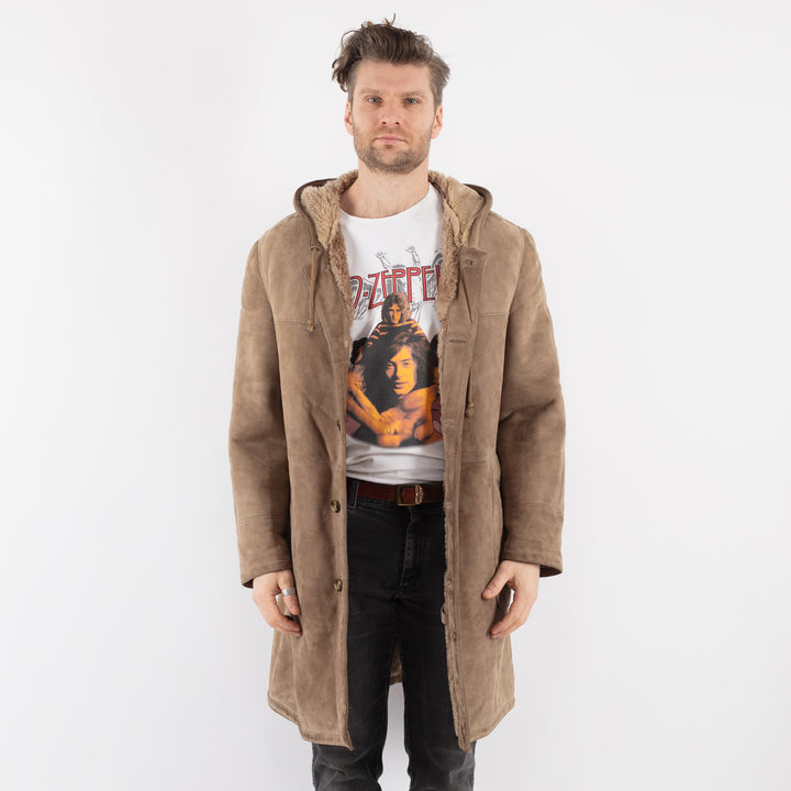 Vintage 70's Men Hooded Sheepskin Coat in Beige - NorthernGrip