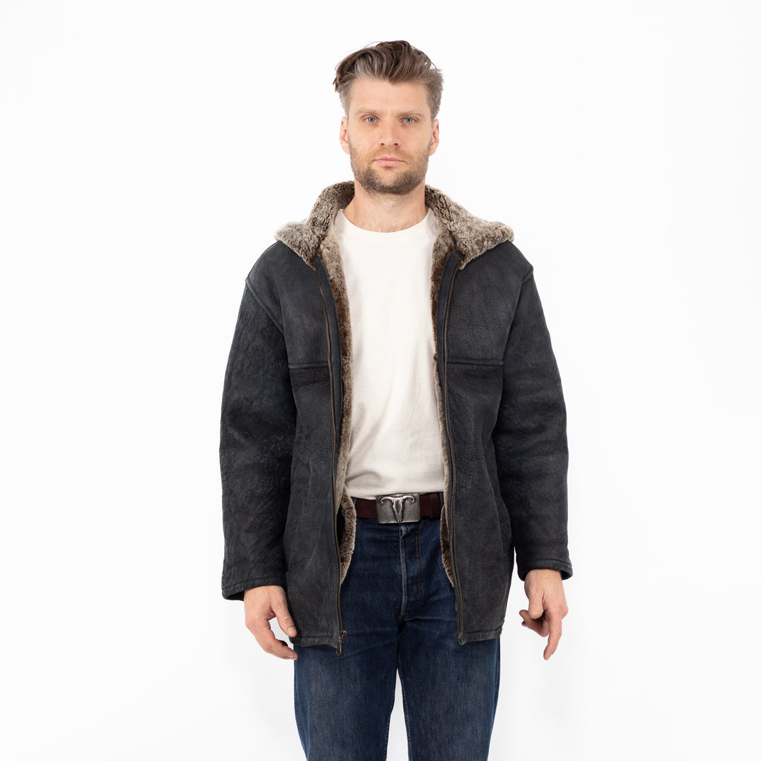 Vintage 90's Men Hooded Sheepskin Shearling Jacket in Black
