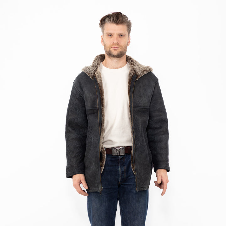 Vintage 90's Men Hooded Sheepskin Shearling Jacket in Black