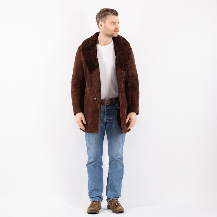 Vintage 70's Men Sheepskin Shearling Coat in BrownZ1412