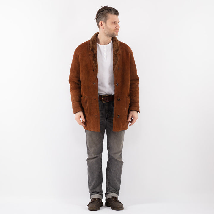 Vintage 80's Men Sheepskin Shearling Coat in BrownZ1118