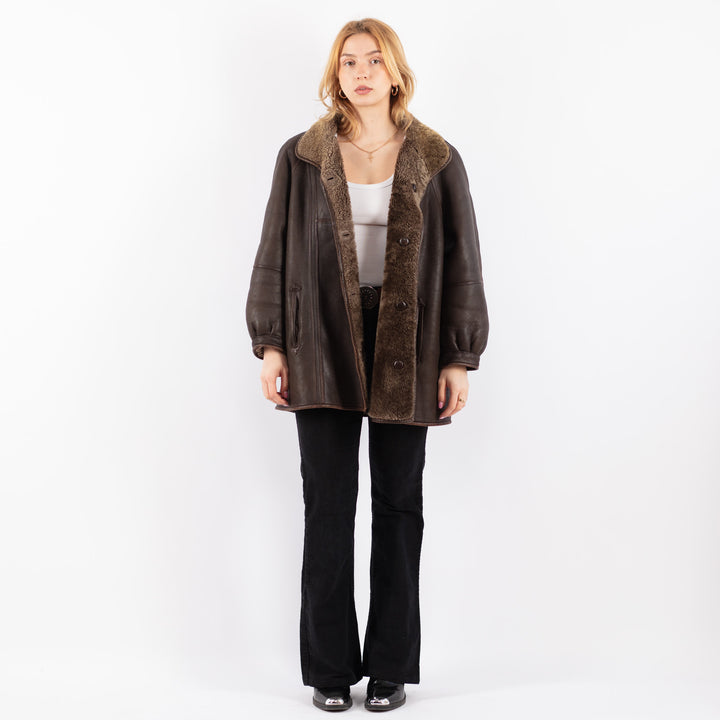 Vintage 90's Women Sheepskin Shearling Coat in BrownV9660