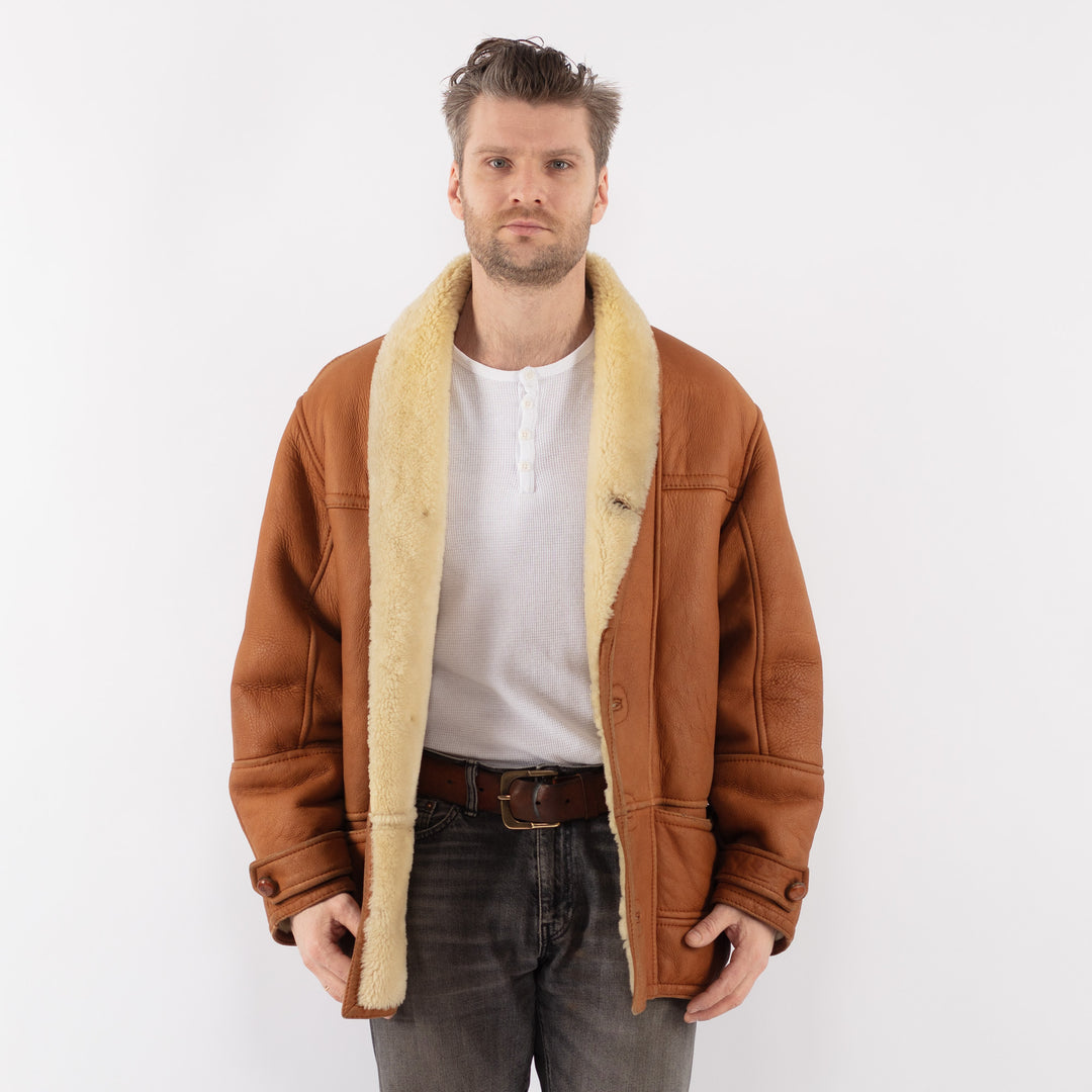 Vintage 80's Men Sheepskin Shearling Coat in BrownZ1125