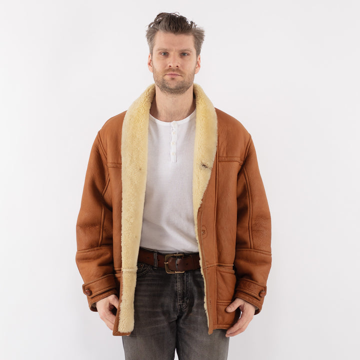 Vintage 80's Men Sheepskin Shearling Coat in BrownZ1125