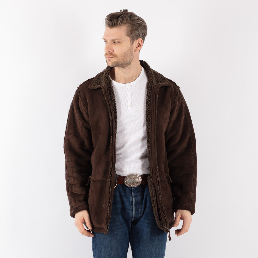 Vintage 90's Men Faux Sheepskin Jacket in BrownZ1182