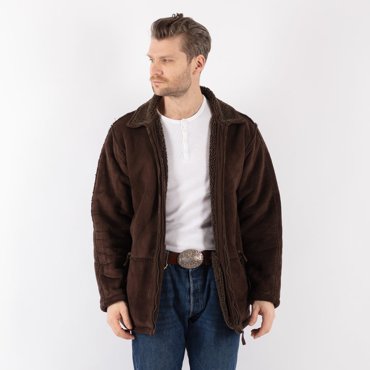 Vintage 90's Men Faux Sheepskin Jacket in BrownZ1182